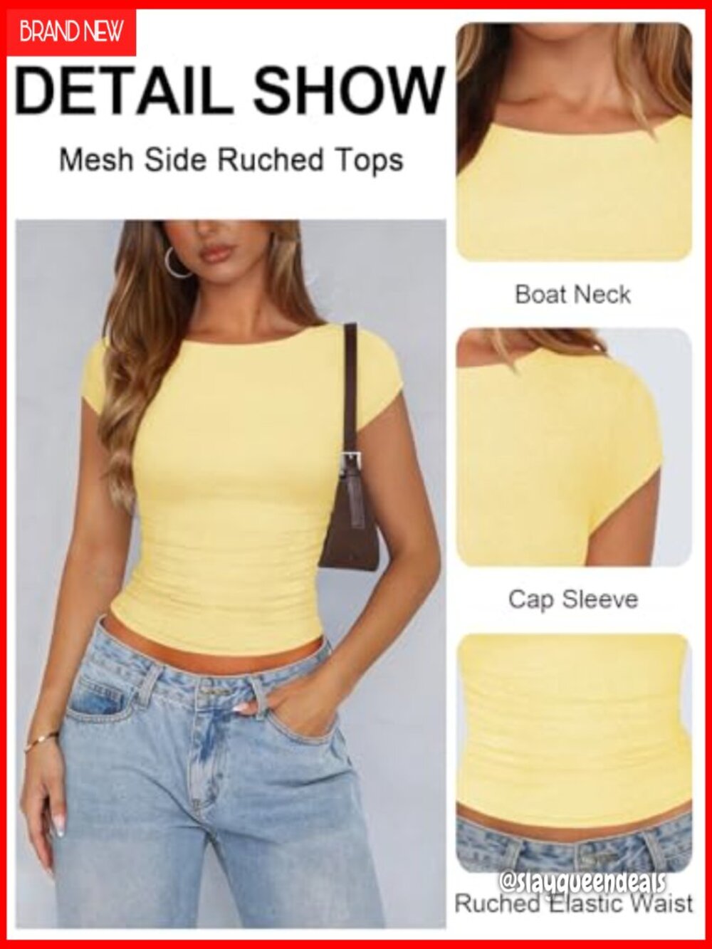 Mesh Ruched Crop Top, Boat Neck Cap Sleeve, Double Lined Stretch Tee - Picture 4 of 6